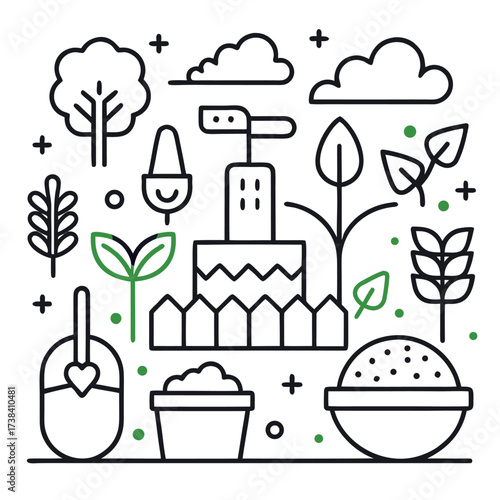 Minimal line art illustration of a garden with plants, trees, soil, and gardening tools, clean and modern eco design style