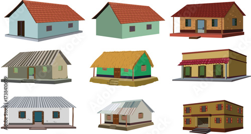 Colorful Rural Homes Showcase Architectural Diversity and Community Living, Ideal for Educational or Cultural Projects Featuring Village Life and Simple Dwellings