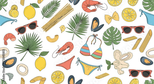 A vibrant pattern featuring various summer elements, including food, swimwear, and tropical foliage.