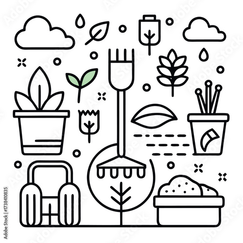 Minimal line art illustration of a garden with plants, trees, soil, and gardening tools, clean and modern eco design style
