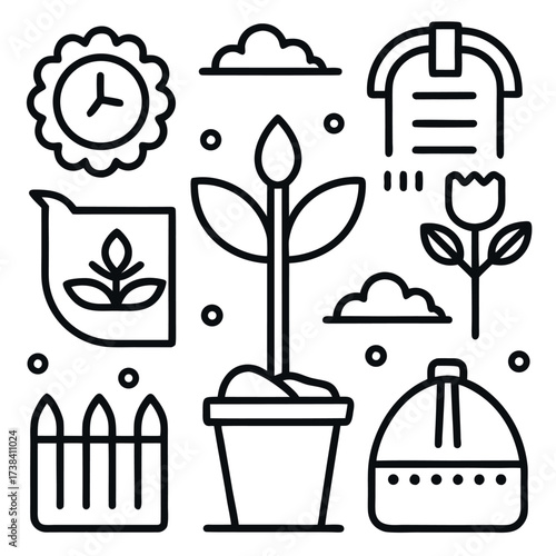 Minimal line art illustration of a garden with plants, trees, soil, and gardening tools, clean and modern eco design style