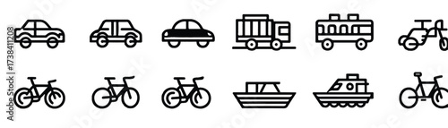 Vector graphics depicting various modes of transportation including cars trucks bicycles and boats in simple black line art