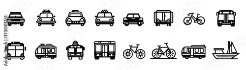 Variety of Transportation Vehicle Icons Set Including Cars Buses Bicycles and Boats in Black and White