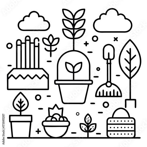 Minimal line art illustration of a garden with plants, trees, soil, and gardening tools, clean and modern eco design style