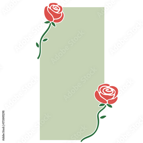 Light green rectangle with two red roses at opposing corners and white background illustration image