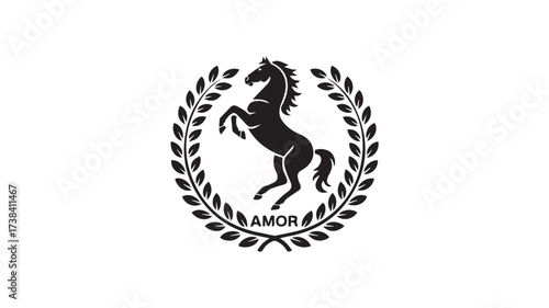 Black Silhouette Horse Rearing Within Laurel Wreath With Amor Text
