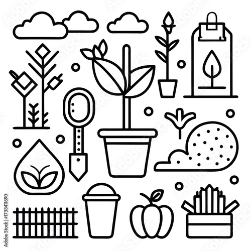 Minimal line art illustration of a garden with plants, trees, soil, and gardening tools, clean and modern eco design style