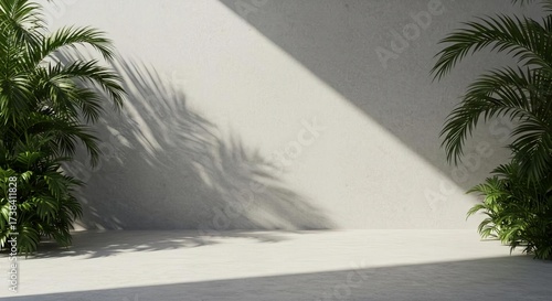 Minimalist Sunlit Concrete Wall Embraced by Greenery and Dramatic Palm Leaf Shadows