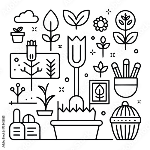 Minimal line art illustration of a garden with plants, trees, soil, and gardening tools, clean and modern eco design style