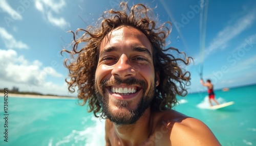 Close-up photo of happy man with curly hair. Smiling guy enjoys kitesurfing on sunny day at the beach. Water sports fun time at ocean near waves.