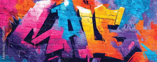 Vibrant Graffiti Art on Brick Wall with Bold Colors and Dynamic Shapes Creates Urban Aesthetic