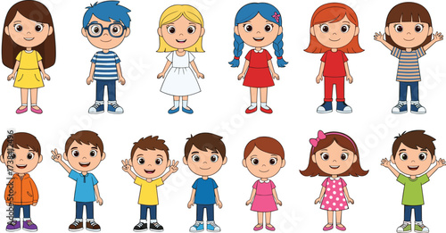 Cartoon children group illustration, diverse kids characters in colorful outfits, vector drawing, educational content, multicultural design, white background, playful learning material