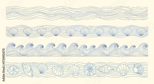 Set of four elegant blue line art ocean-themed decorative borders featuring waves and various seashells on a light background.