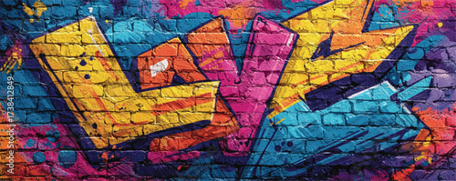 Vibrant graffiti art splashed across a textured brick wall in striking yellow orange pink and blue hues