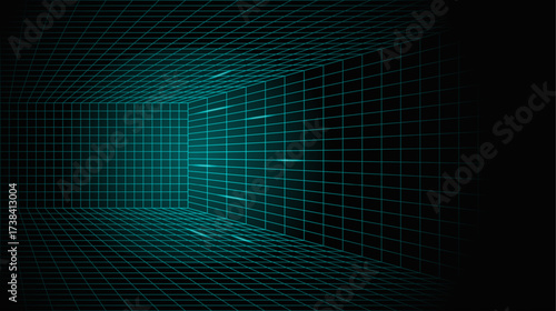 Cyberpunk Grid Room Glowing Line Background. 3D Game Neon Wireframe Space Digital Vector Texture Perspective Tunnel. Retro Futuristic Virtual Techno Landscape. Cyberspace Abstract Matrix VR Wallpaper