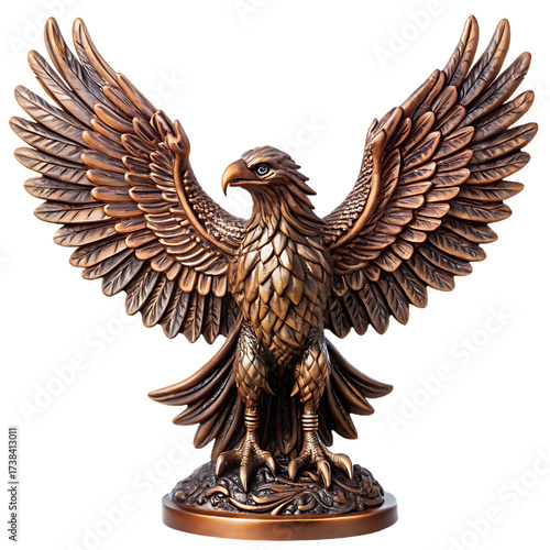 Intricately carved bronze eagle statue with outstretched wings detailed with tribal patterns isolated on transparent background.png