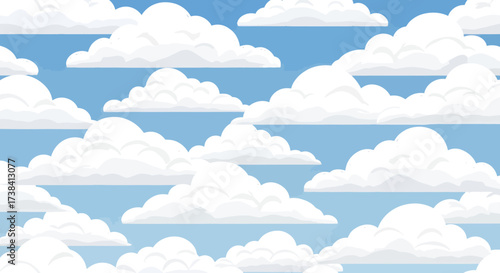 Cartoon illustration of a blue sky filled with fluffy white clouds.
