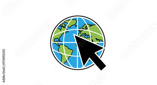 A graphic icon of a black computer mouse cursor pointing at a stylized globe, representing the internet and global connectivity.