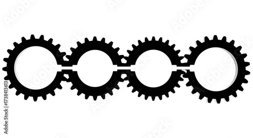 Four gears connected in a row, black and white illustration.