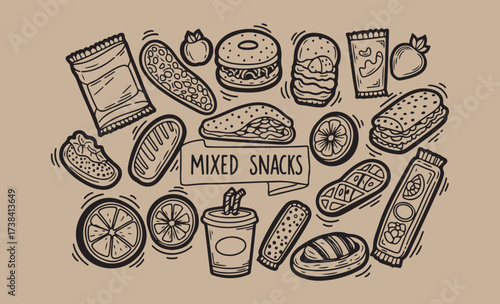 Hand drawn assortment of various snacks and fast food items