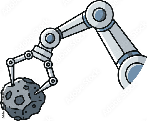 Vector art of robotic arm holding asteroid, a space mining concept