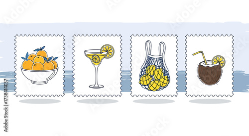 A collection of four illustrated stamps featuring citrus fruits and tropical drinks, set against a light blue, watercolor-style background.