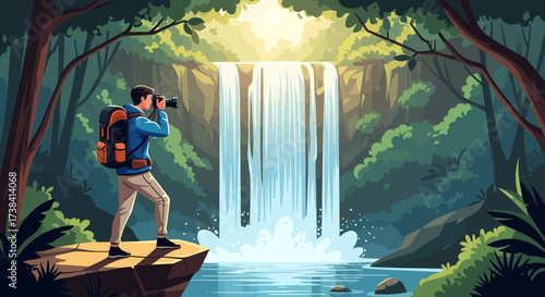 Adventurer Capturing Majestic Waterfall Landscape with Camera