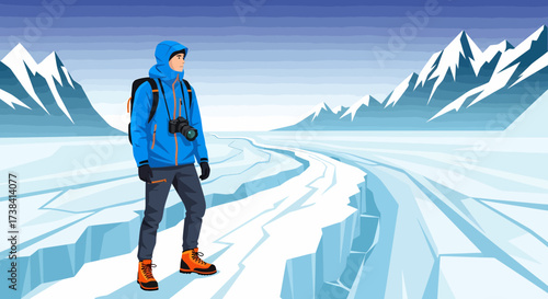 Adventurer Exploring Frozen Landscape With Mountain Backdrop