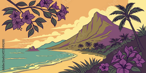 Graphic Art Tropical Sunset Beach with Purple Lilies and Mountain Peak

