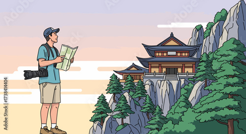 Tourist Exploring Ancient Temple With Map And Camera Illustration