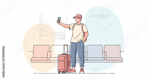 Traveler Taking Selfie At Airport Waiting Lounge With Luggage