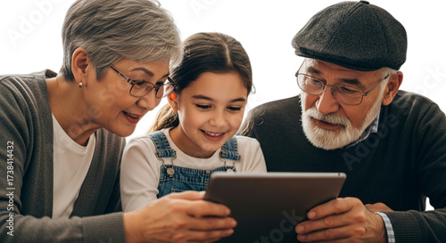 Photo of grandparents and granddaughter looking at a tablet, isolated on transparent background