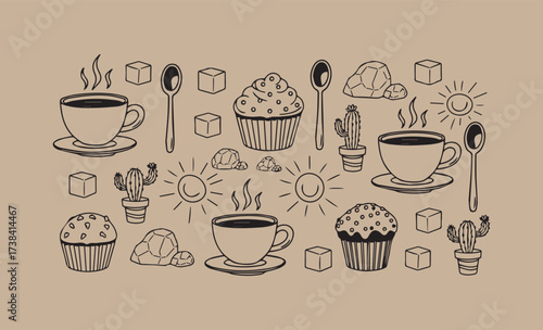 Whimsical hand drawn coffee cups cupcakes and cacti illustration