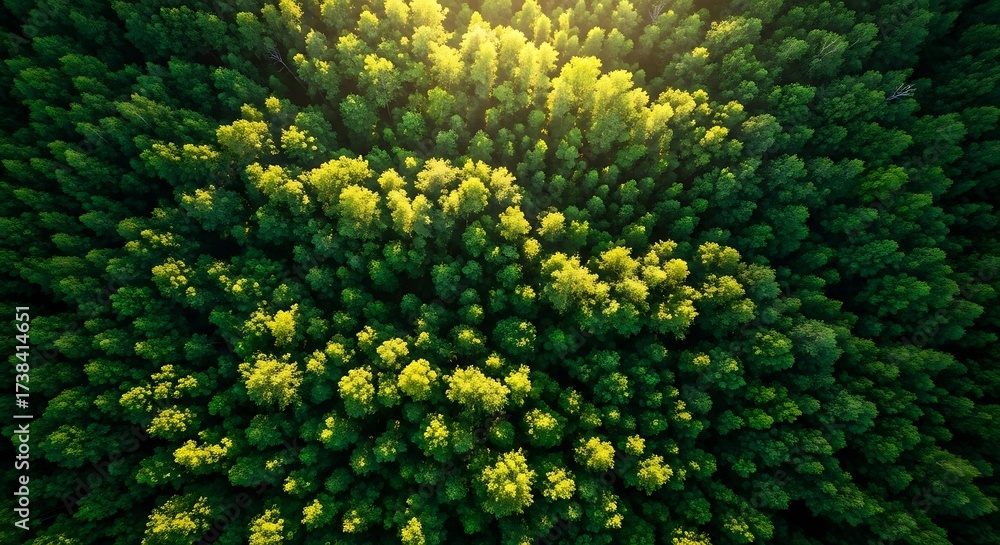 Naklejka premium Aerial View of Lush Green Forest Canopy in Sunlight.
