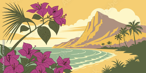 Retro-Styled Tropical Beach Landscape with Bougainvillea and Mountain

