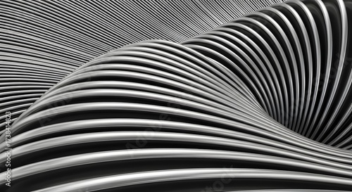 Abstract metallic torus shape with curved ribbed surface and textured background in monochrome