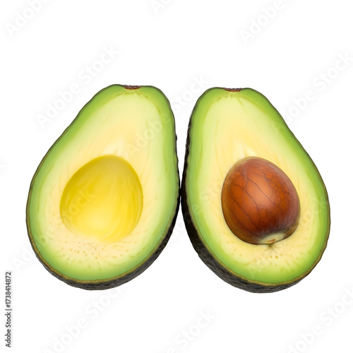Fresh ripe avocado cut in half showing the vibrant green flesh and a large brown seed, isolated on transparent background