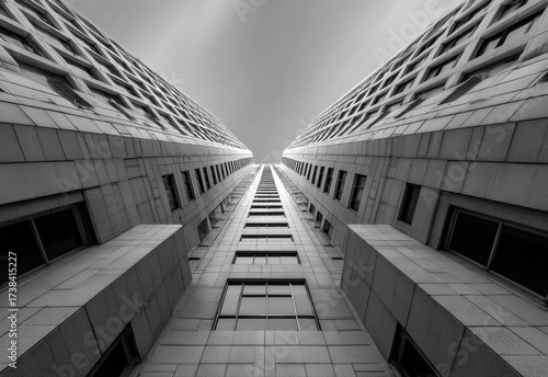 A striking black and white architectural photograph capturing the converging lines of two modern skyscrapers from a low-angle perspective.