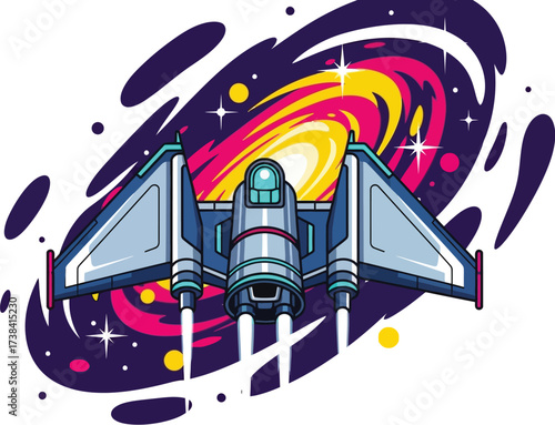 Vector art of spaceship flying through galaxy, a cosmic adventure