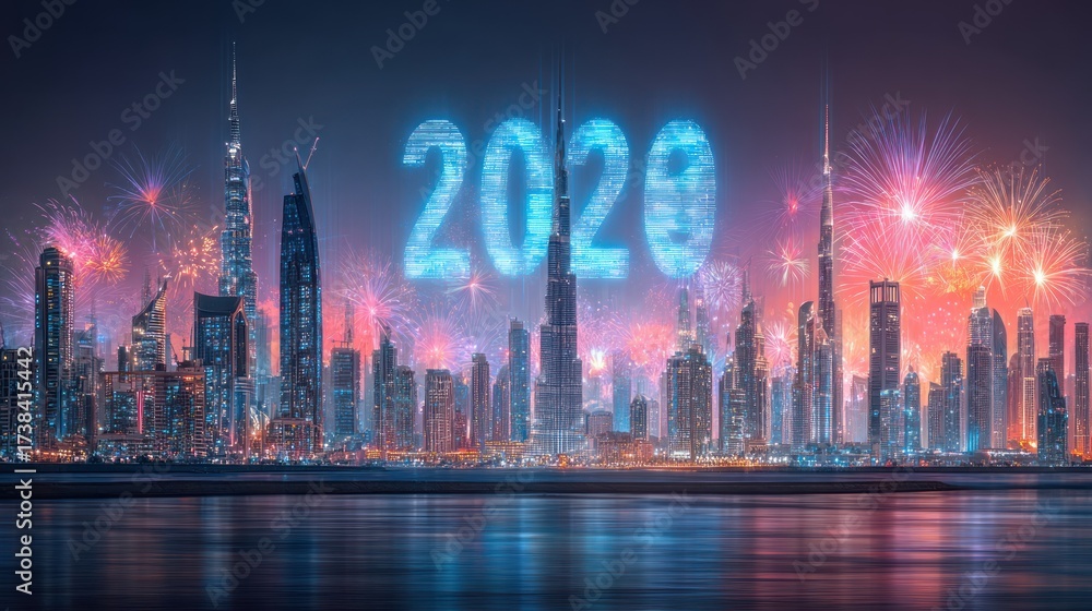 Fototapeta premium Celebratory New Year Fireworks Display Over Modern City Skyline with Illuminated 2020