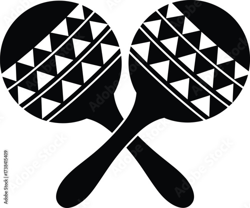 Stylized maracas silhouette with tribal patterns, crossed handles, rhythmic percussion instrument for Latin music, cultural, festive, musical, traditional, and decorative vector design