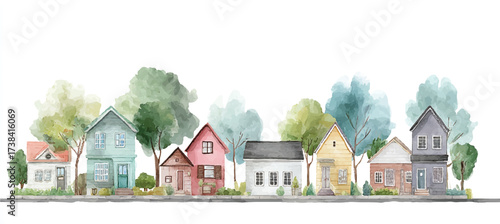 Watercolor illustration of a row of houses with trees and bushes creating a charming suburban street scene