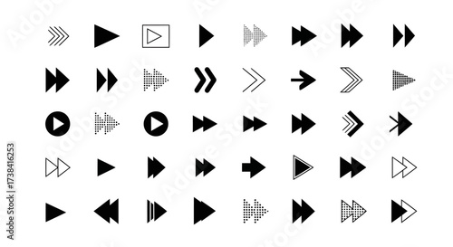 A diverse collection of black and grey arrow icons, including play, next, and fast forward symbols for user interfaces.