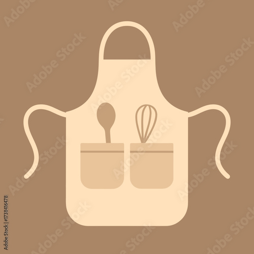 Apron with pockets featuring spoon and whisk on a brown background  