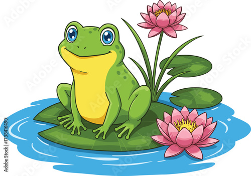 Cartoon frog illustration, green amphibian with blue eyes on lily pad, lotus flowers, pond scene, vector drawing, children’s content, nature theme