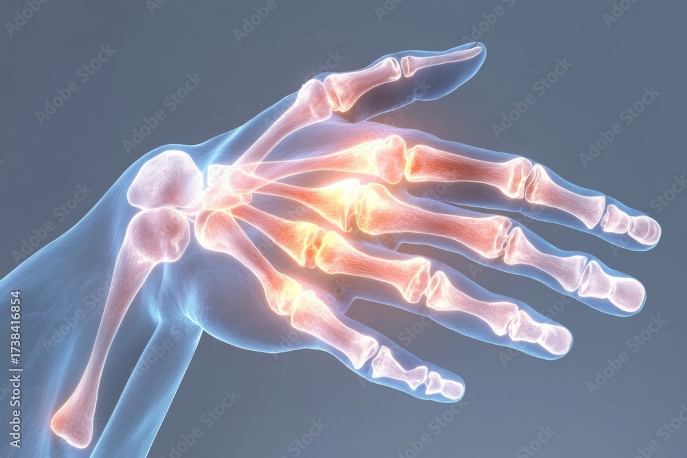 Fototapeta premium Anatomy drawing of hand joints with arthritis pain glow