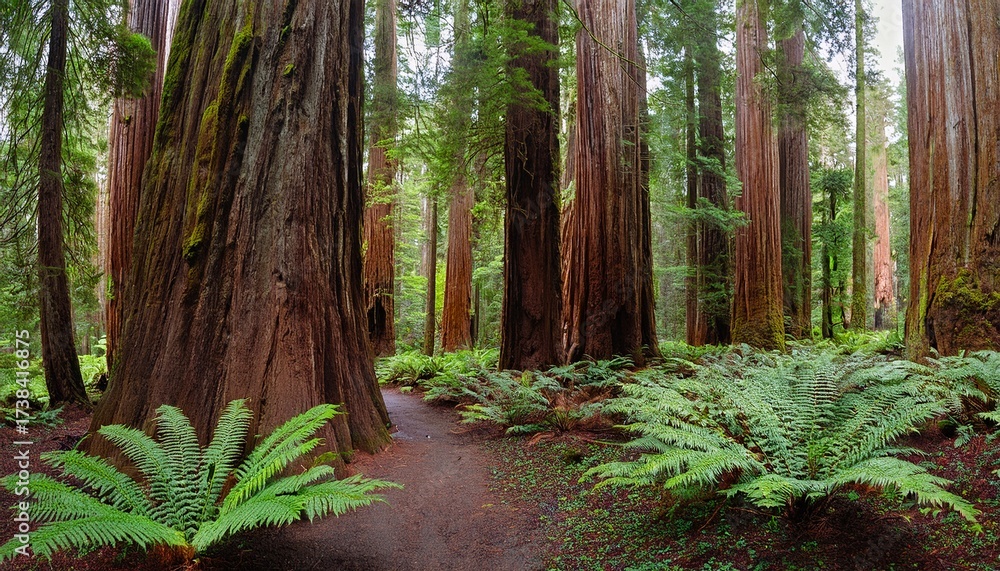 Fototapeta premium panorama of ferns and redwood trunks