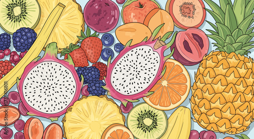 A vibrant and colorful assortment of exotic and common fruits, including dragon fruit, pineapple, strawberries, blueberries, kiwi, and oranges, artfully arranged.