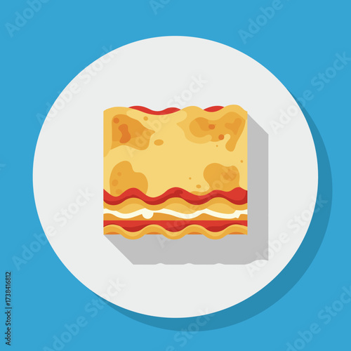 Lasagna on plate with cheese and tomato sauce on blue background  
