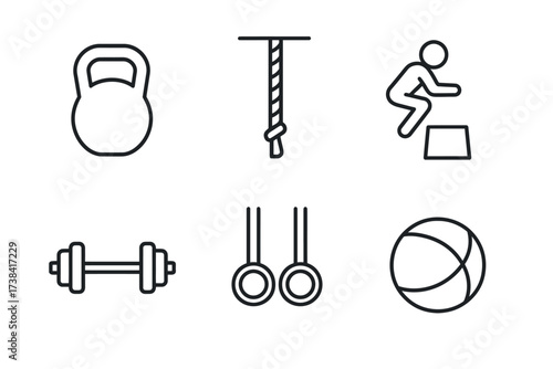 Collection of fitness icons illustrating kettlebell, rope, box jump, dumbbell, gymnastics rings, and medicine ball